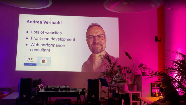 Andrea Verlicchi showing a self-introductory slide at the Bologna Front-end event in February 2023