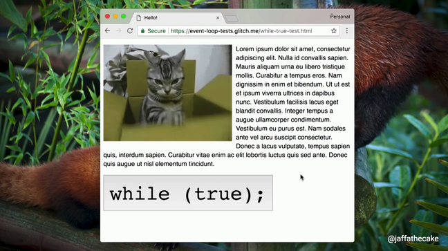 A simple page with a gif of a cat, some text, and an infinite loop button