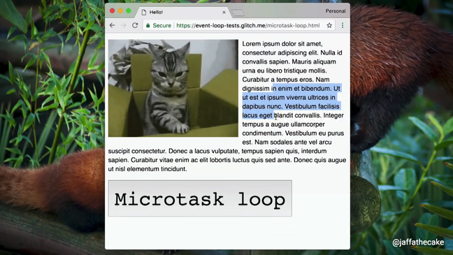 A web page with a cat gif, a bunch of text, and a button labeled "Microtask Loop"