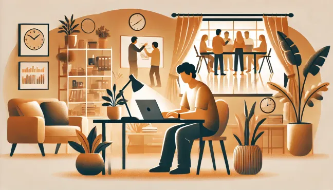 An illustration of a person working remotely in a comfortable home office, surrounded by plants and personal items, with a laptop open.