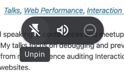 Icons to unpin, mute, remove from the call. The tooltip shows 'Unpin'.