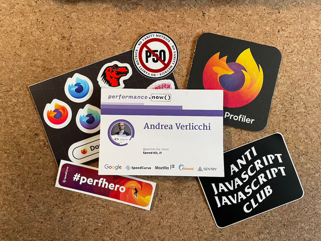 performance.now() – Andrea Verlicchi – @verlok (he/him) – Speed Kit, IT, – Sponsors: Google, SpeedCurve, Mozilla, Akamai, Sentry. The image also contains stickers from Firefox, SpeedCurve #perfhero, No vanity metrics P50, Anti Javascript Javascript Club