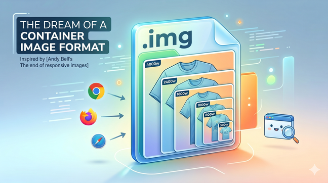 On the left, the text 'The dream of a container image format'. On the right, a graphical representation of a container image labeled '.img' bundling multiple image sizes inside it.
