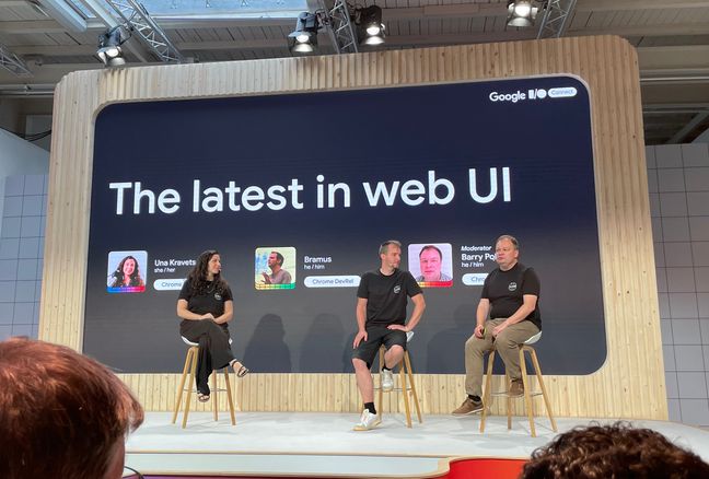 Una Kravetz, Bramus, and Barry Pollard from Google, on stage at The Latest in Web UI