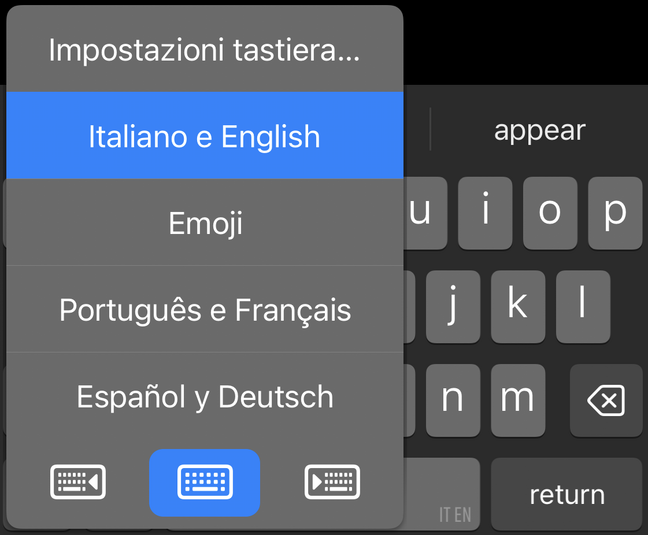 The iOS 18 keyboard switcher showing different keyboards sets: Italian and English, Portuguese and French, Spanish and German